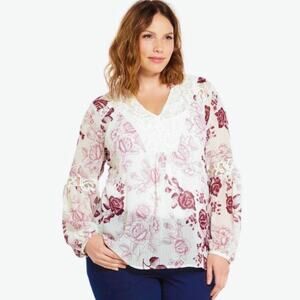 Torrid | Floral Chiffon Lace Inset Top Blouse Romantic Sheer Purple White M/L